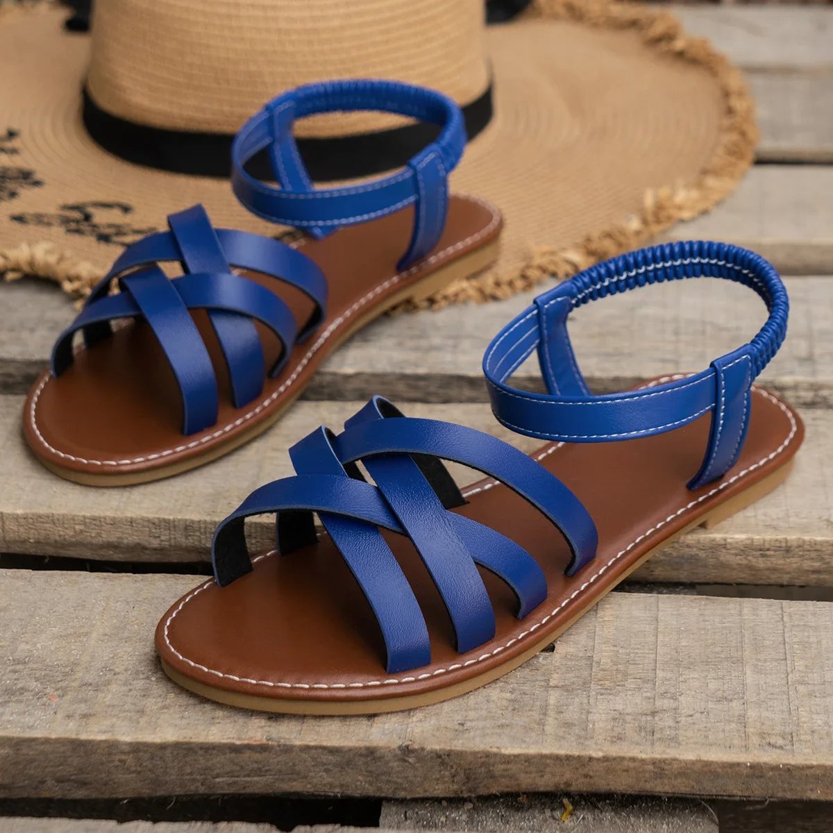 Women's Woven Strap Flat Comfort Sandals Cushioned Orthopedic Support - Blue