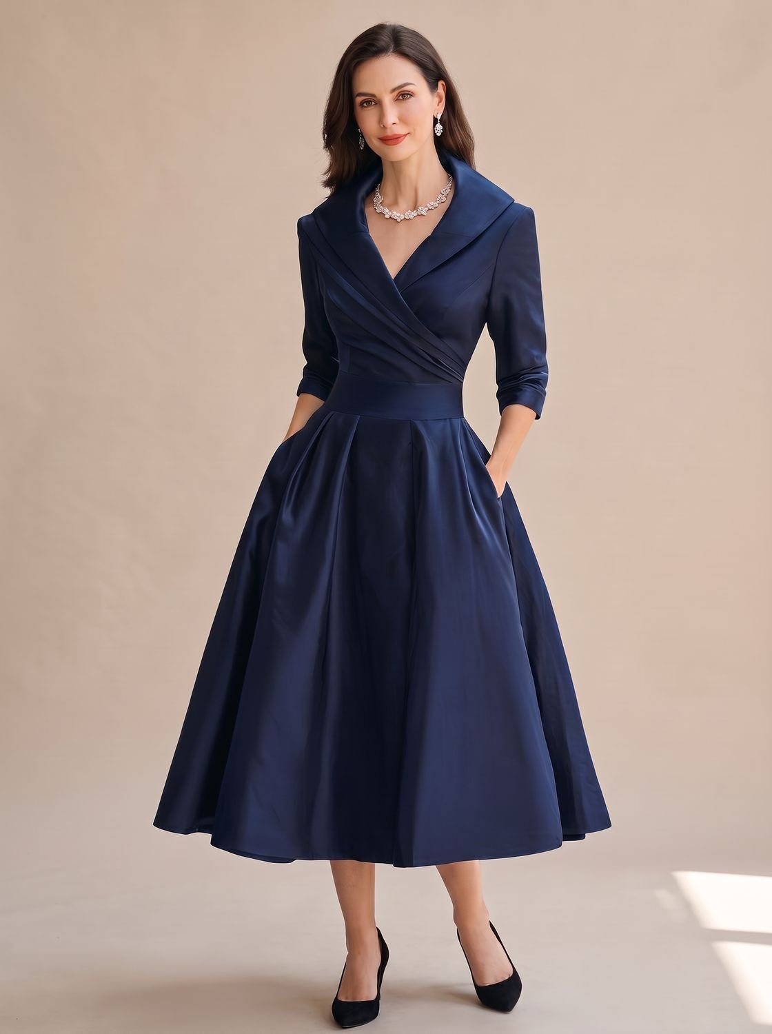 Women's Wrap-Bodice Flared Midi Dress 3/4 Sleeve Side Pockets - Navy Blue