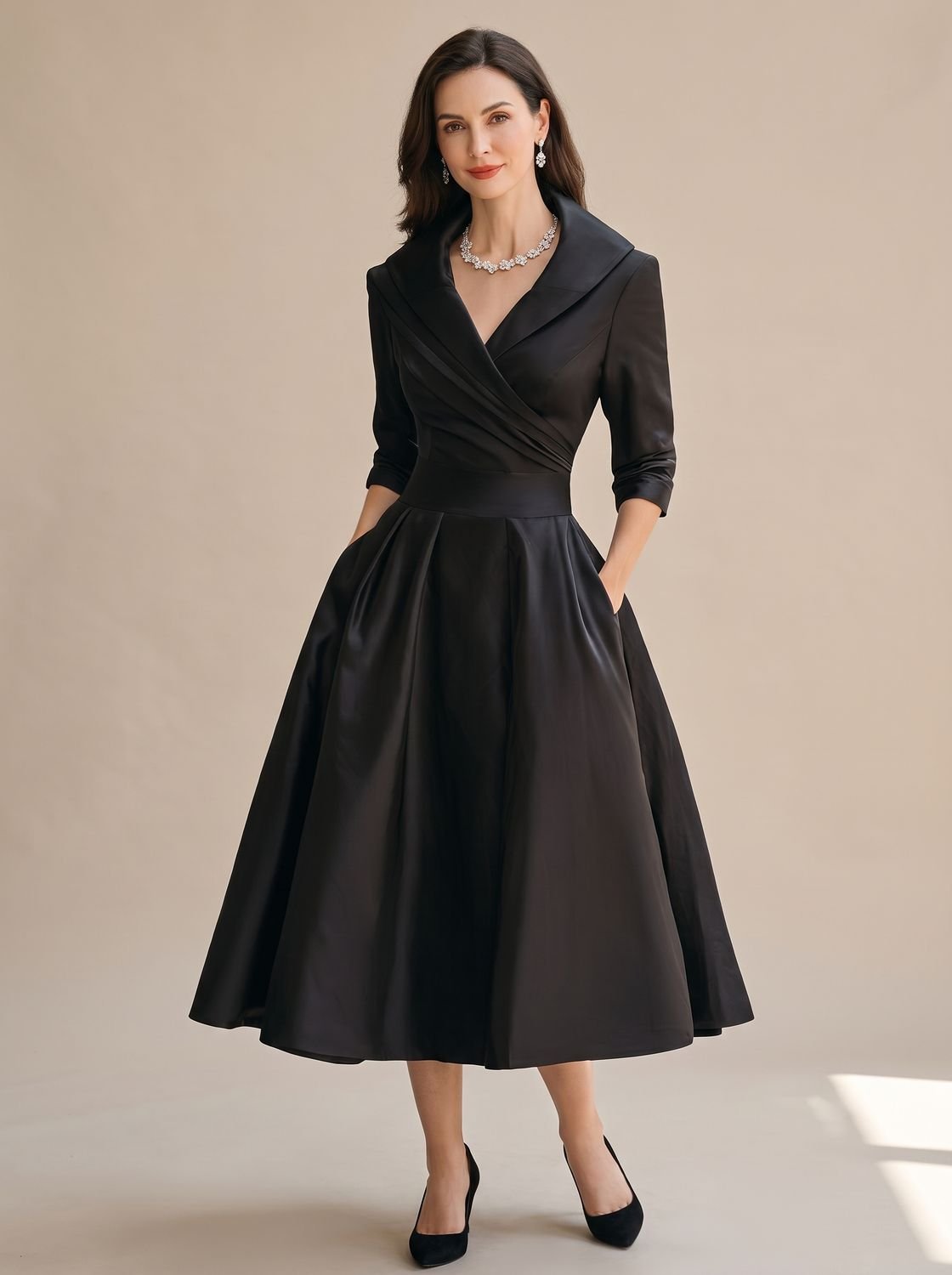 Women's Wrap-Bodice Flared Midi Dress 3/4 Sleeve Side Pockets - Black