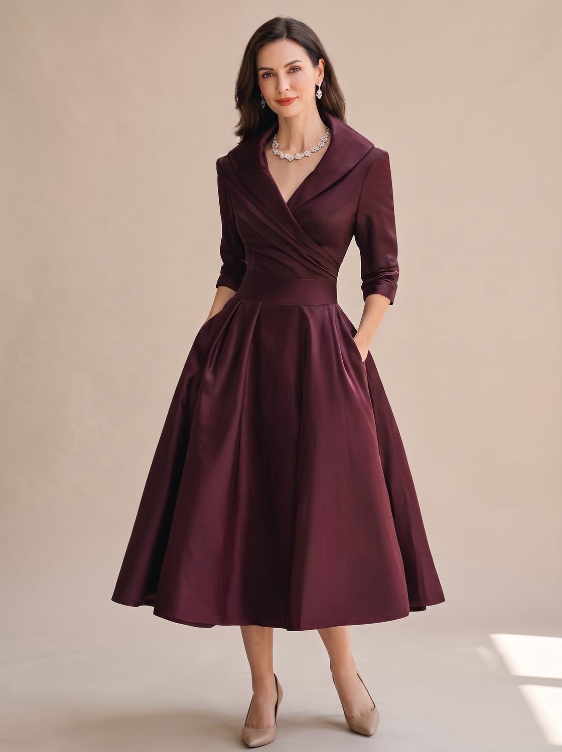 Women's Wrap-Bodice Flared Midi Dress 3/4 Sleeve Side Pockets - Deep Red