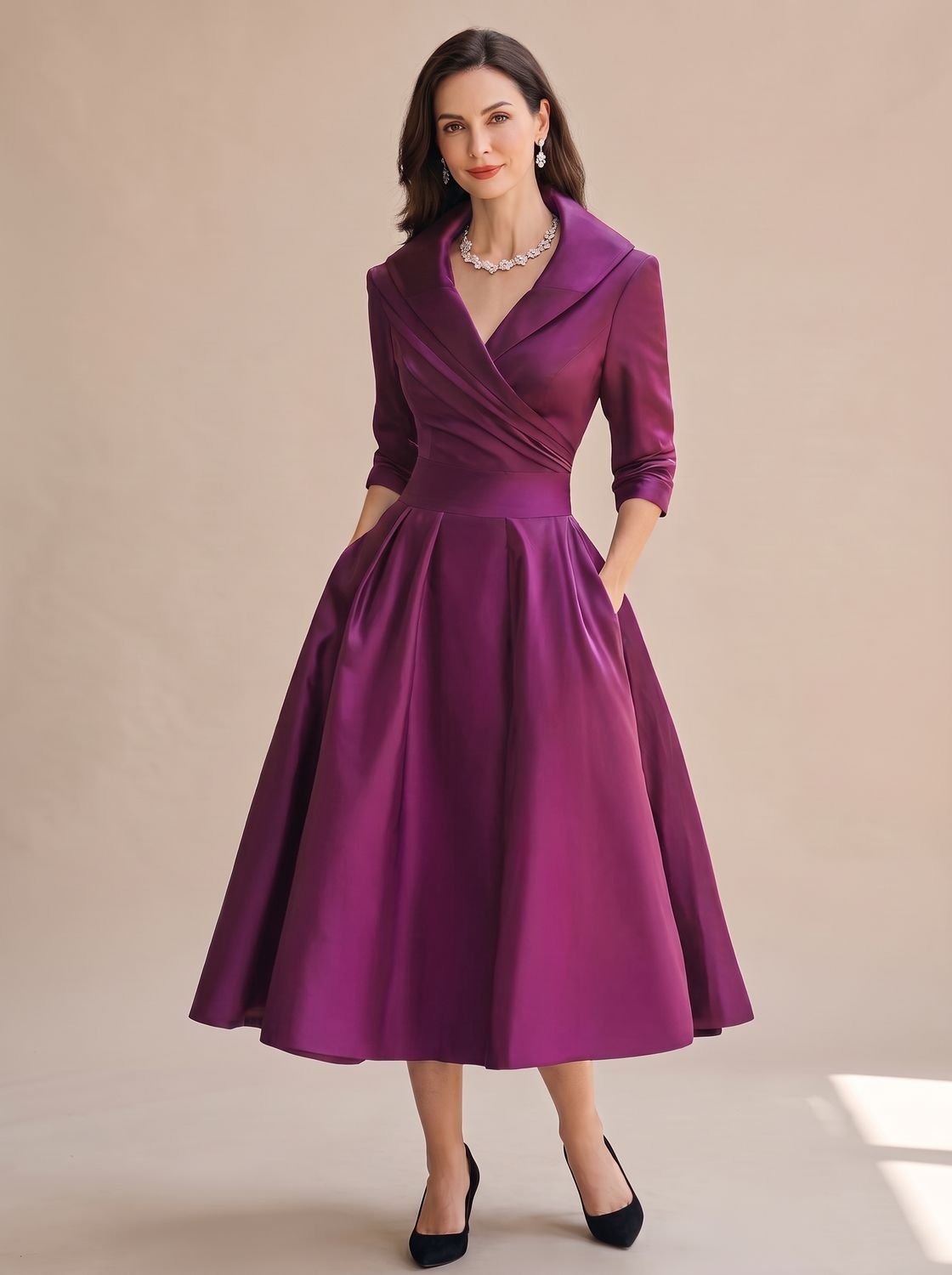 Women's Wrap-Bodice Flared Midi Dress 3/4 Sleeve Side Pockets - Purple