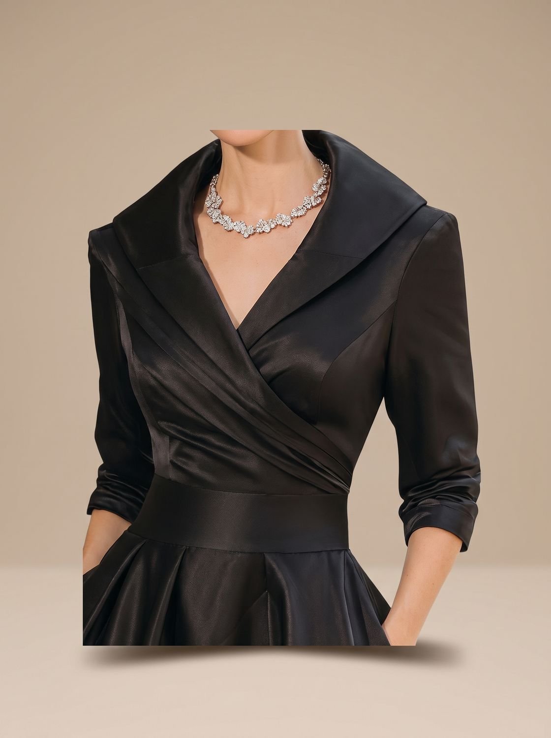 Women's Wrap-Bodice Flared Midi Dress 3/4 Sleeve Side Pockets