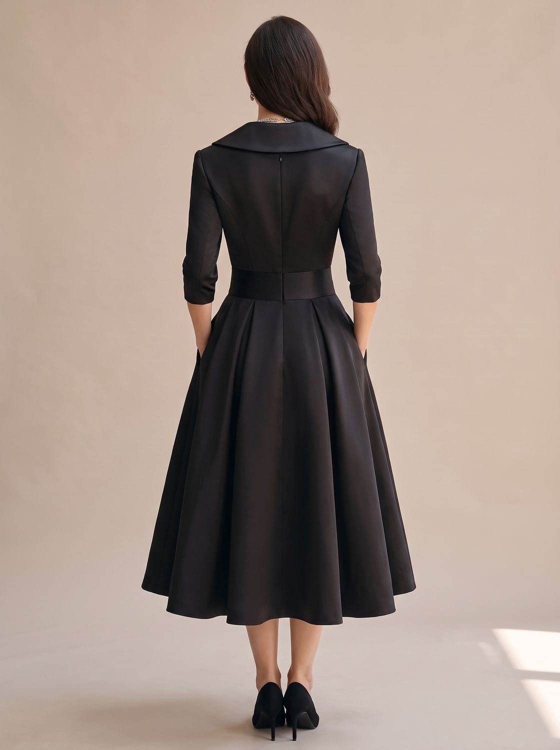 Women's Wrap-Bodice Flared Midi Dress 3/4 Sleeve Side Pockets