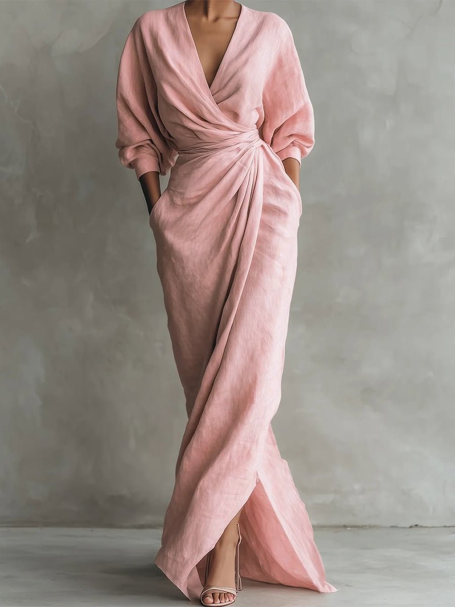 Women's Wrap Maxi V Neck Dress Ruched 3/4 Sleeve - Pink