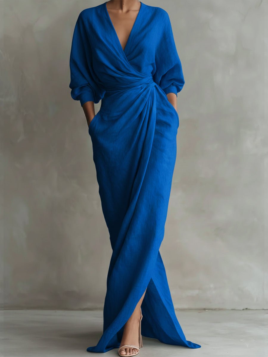Women's Wrap Maxi V Neck Dress Ruched 3/4 Sleeve - Blue