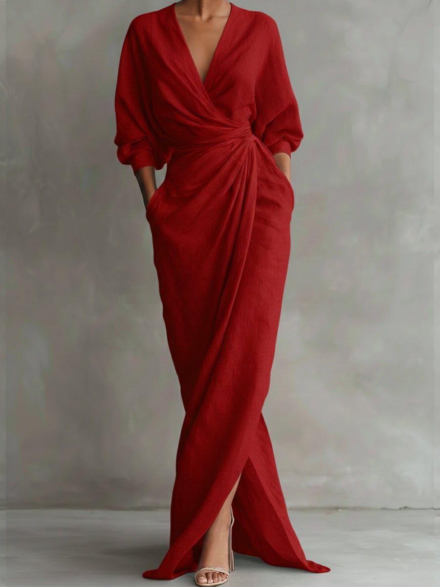 Women's Wrap Maxi V Neck Dress Ruched 3/4 Sleeve - Red