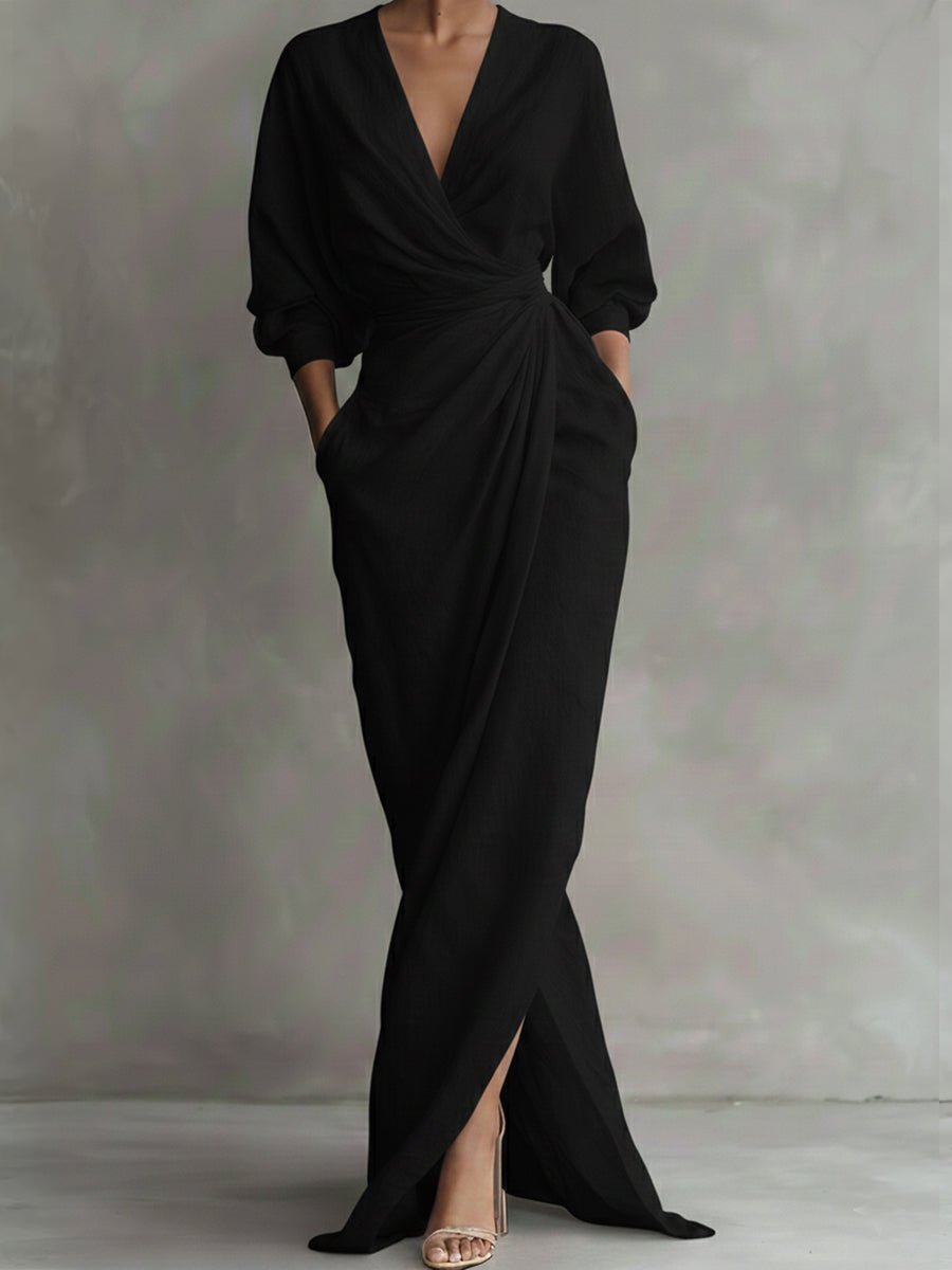 Women's Wrap Maxi V Neck Dress Ruched 3/4 Sleeve - Black