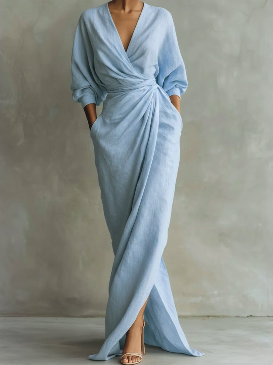 Women's Wrap Maxi V Neck Dress Ruched 3/4 Sleeve - Light Blue