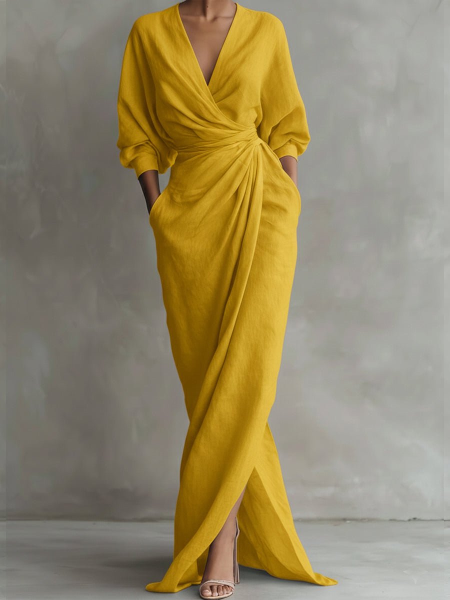 Women's Wrap Maxi V Neck Dress Ruched 3/4 Sleeve - Yellow
