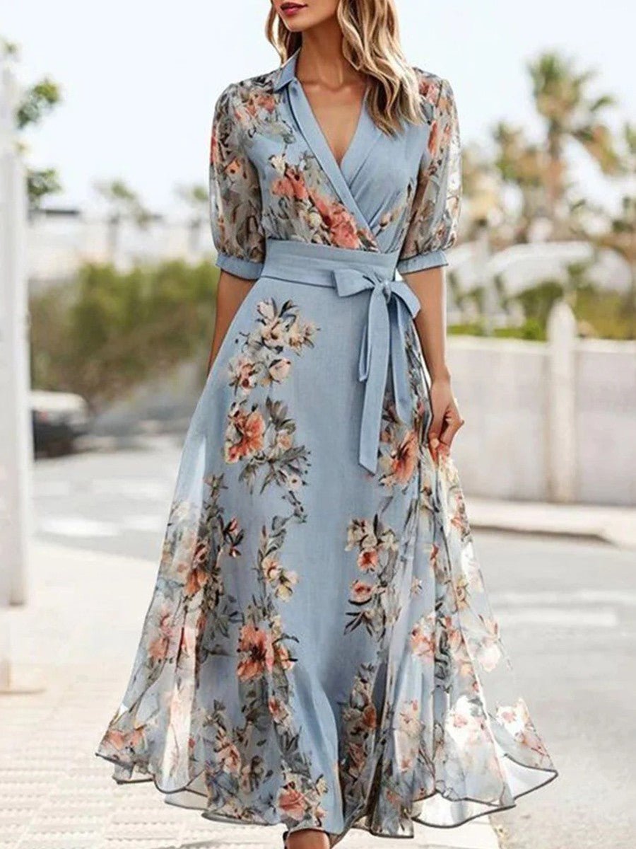 Women's Wrap V-Neck Floral Summer Dress Midi Length - Blue
