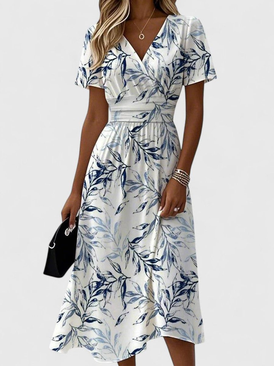 Women's Wrap V-Neck Flutter Sleeve Botanical Floral Dress Midi - White