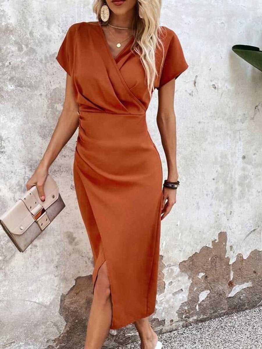 Women's Wrap V-Neck Midi Wedding Guest Dress Ruched Waist