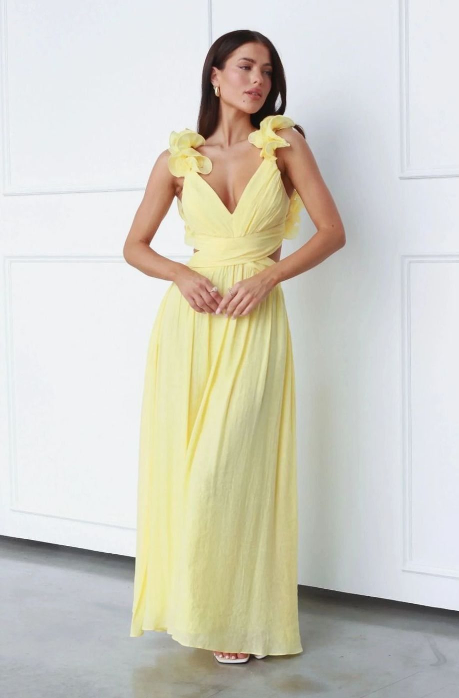 Women's Yellow Chiffon V-Neck Floral-Shoulder Maxi Dress