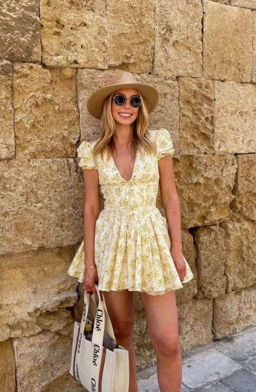 Women's Yellow Floral Print Puff-Sleeve Tie-Back Mini Dress