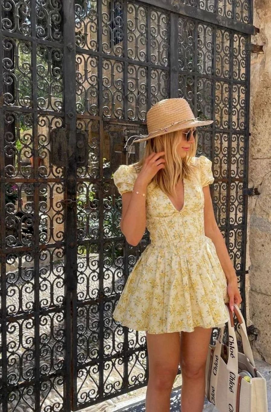 Women's Yellow Floral Print Puff-Sleeve Tie-Back Mini Dress