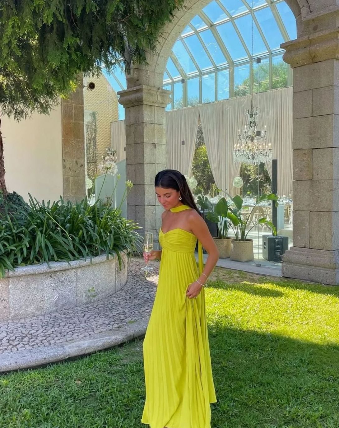 Women's Yellow Pleated Strapless Halter-Neck Maxi Dress - Lime Yellow