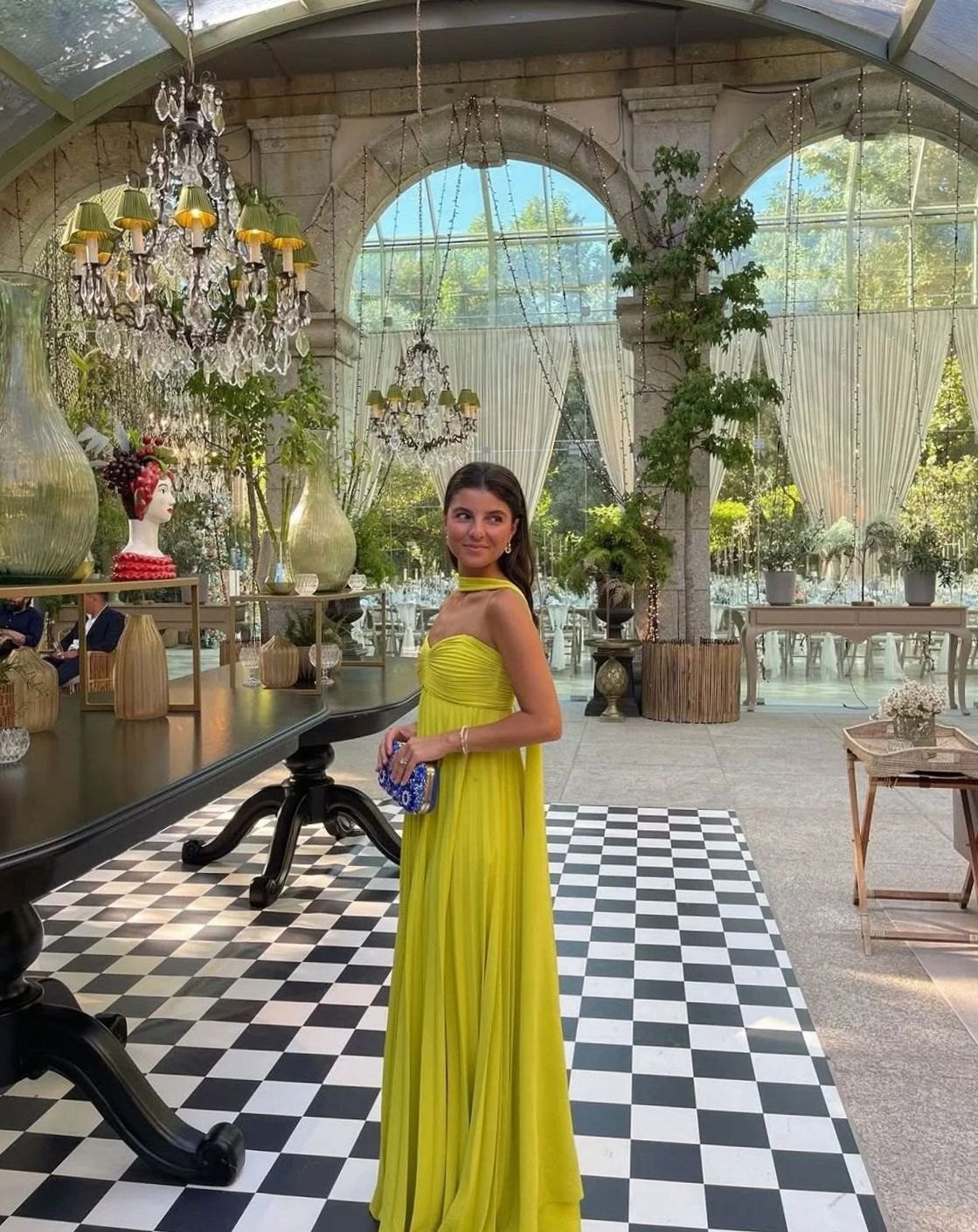 Women's Yellow Pleated Strapless Halter-Neck Maxi Dress