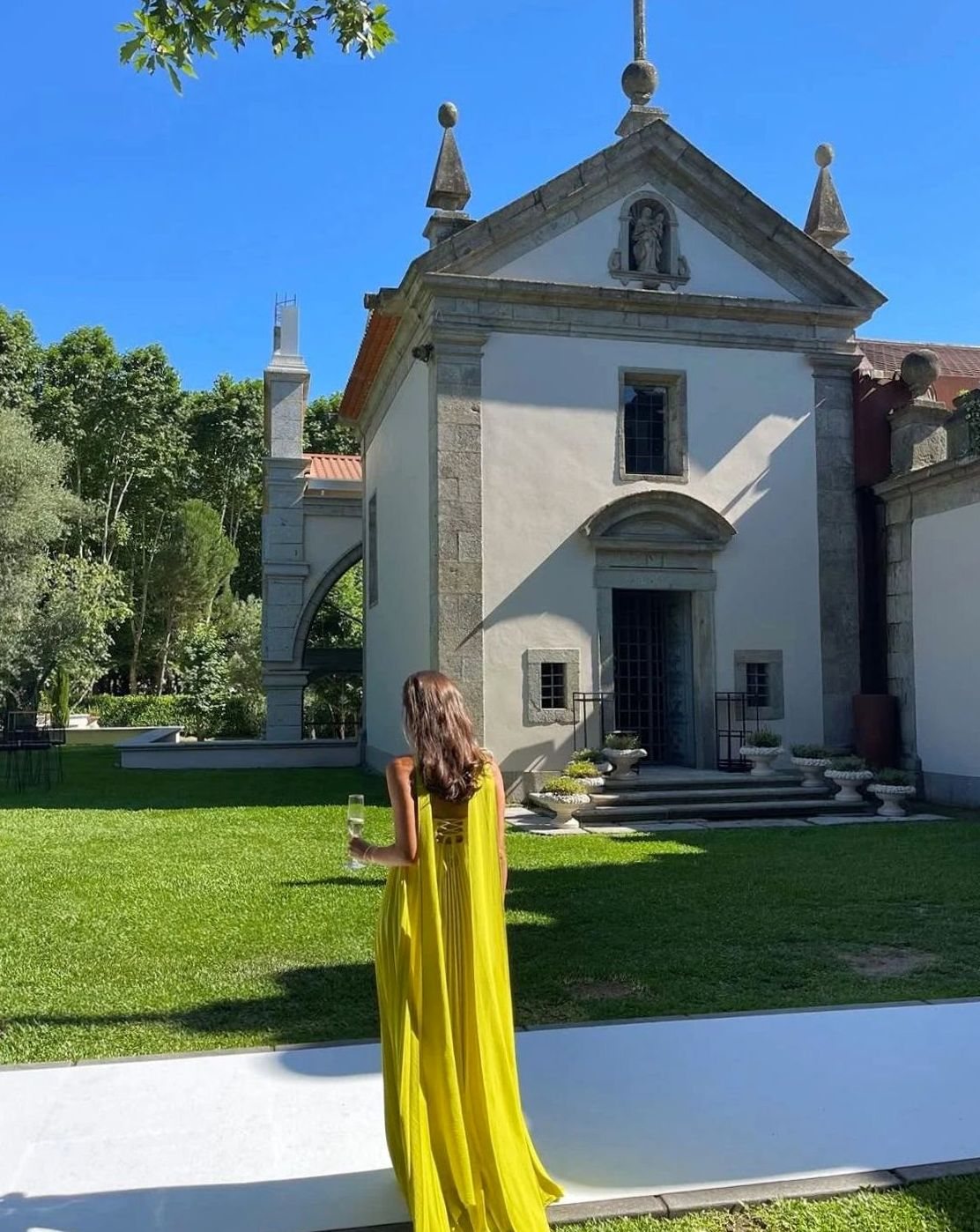 Women's Yellow Pleated Strapless Halter-Neck Maxi Dress