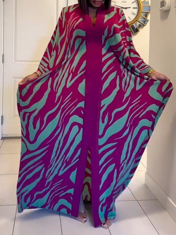 Women's Zebra Print Batwing Sleeve V-Neck Robe Maxi Dresses