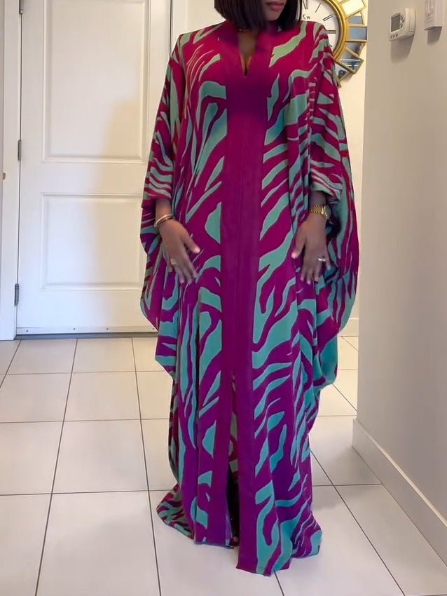 Women's Zebra Print Batwing Sleeve V-Neck Robe Maxi Dresses